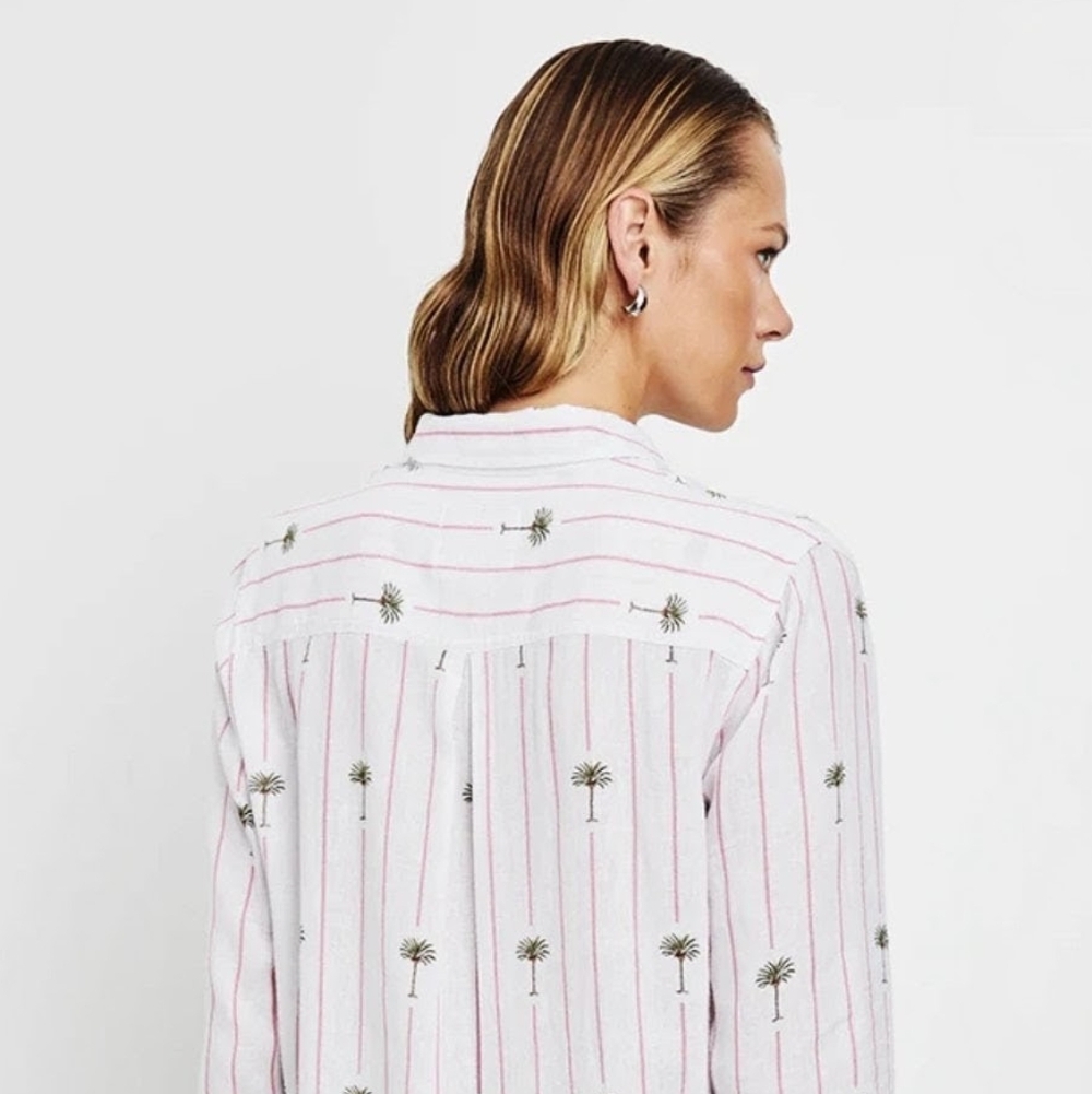 Rails Charli L/S Button Down Linen Shirt In Pink Palm Tree Stripe Size Small EUC - Picture 3 of 10